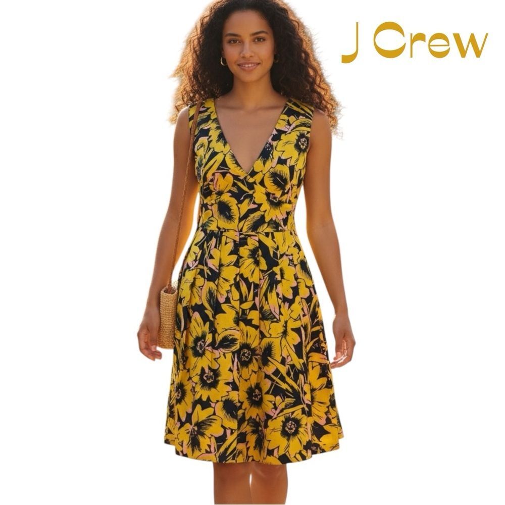 J Crew Yellow Navy Floral Sleeveless Dress NWOT Size 10 CottageCore